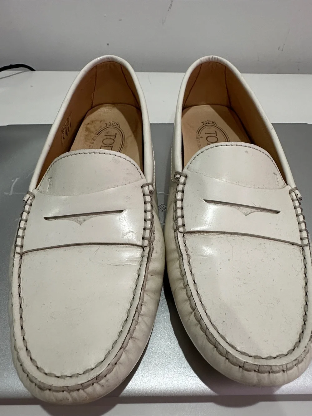 Tod's White Leather Penny Loafers